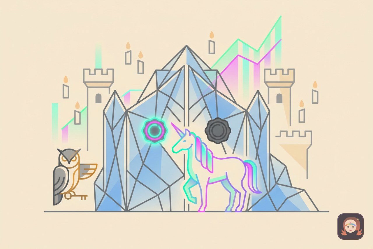 Ilustracao de um unicornio diante de um portao de cristal com dois selos, um aceso e outro apagado, e uma coruja guardia segurando a chave
