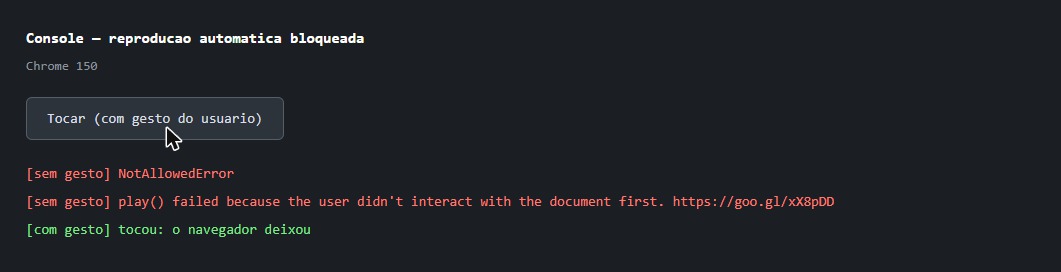 Console mostrando em vermelho o erro NotAllowedError com a mensagem play() failed because the user didn't interact with the document first, e em verde a linha com gesto tocou: o navegador deixou