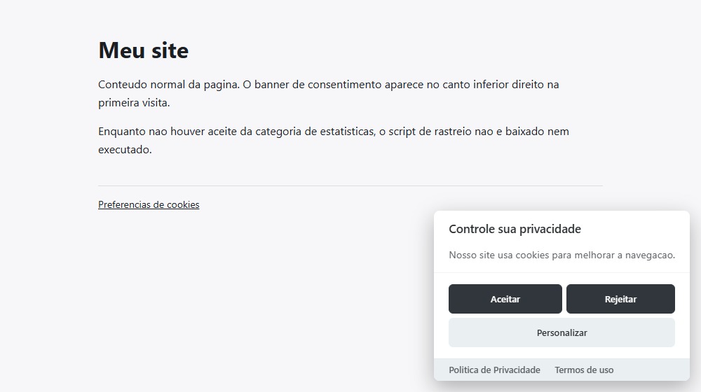 Pagina de exemplo com o banner de cookies no canto inferior direito, com o titulo Controle sua privacidade e os botoes Aceitar e Rejeitar do mesmo tamanho, alem do botao Personalizar