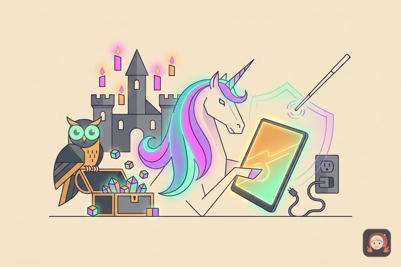 Ilustração colorida de um unicórnio de crina arco-íris tocando um tablet que brilha mesmo desconectado da tomada, com uma coruja sobre um baú de cristais, um castelo com velas flutuantes e uma varinha lançando um escudo de luz sobre a tela