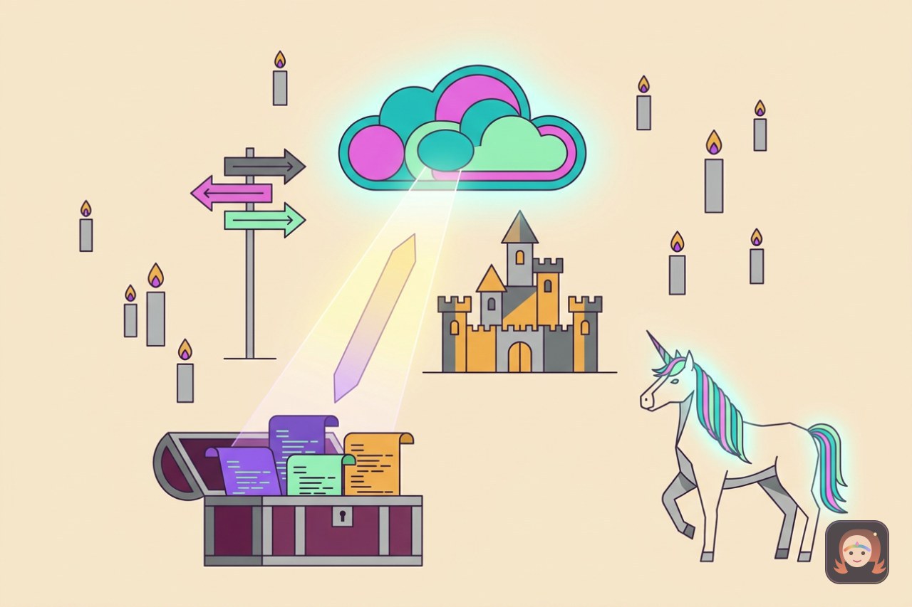 Ilustração de uma nuvem mágica ligada por um feixe de luz a um baú cheio de pergaminhos de código, com placas de rua apontando caminhos, um castelo e um unicórnio de crina luminosa