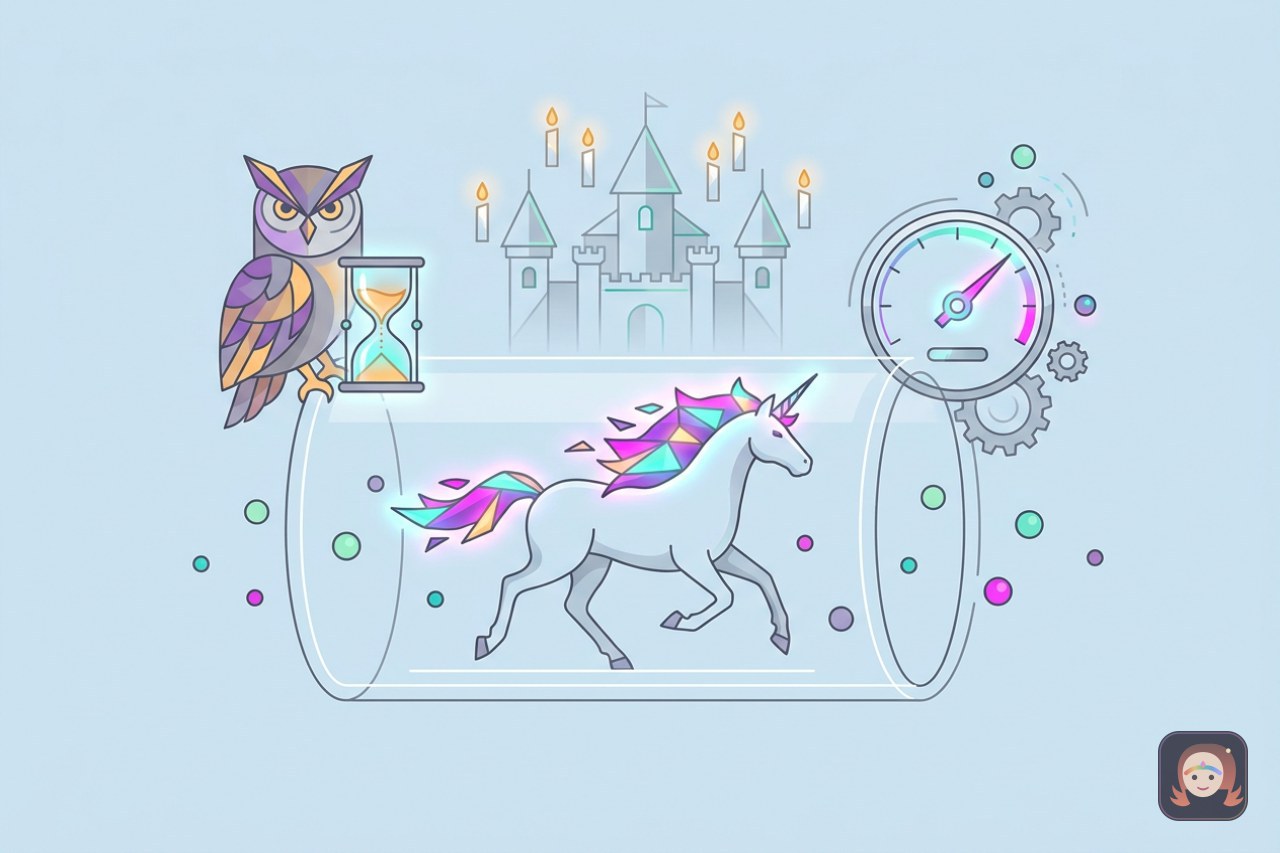 Ilustração colorida de um unicórnio de crina arco-íris correndo dentro de um cano de luz transparente, com uma coruja segurando uma ampulheta e um velocímetro mágico ao lado, sobre fundo azul claro