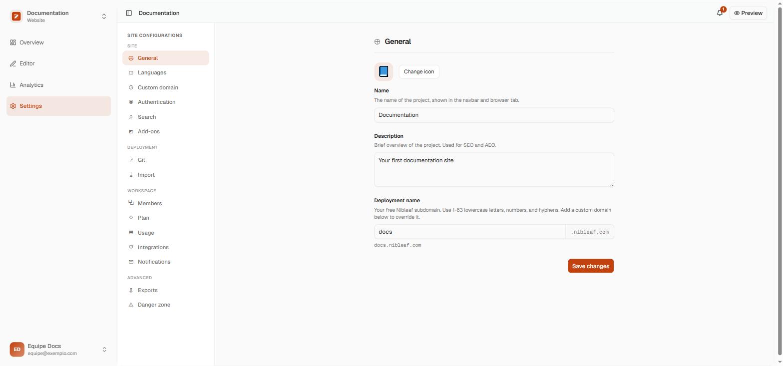 A tela General do Nibleaf com o campo Deployment name preenchido com docs e o sufixo ponto nibleaf ponto com ao lado