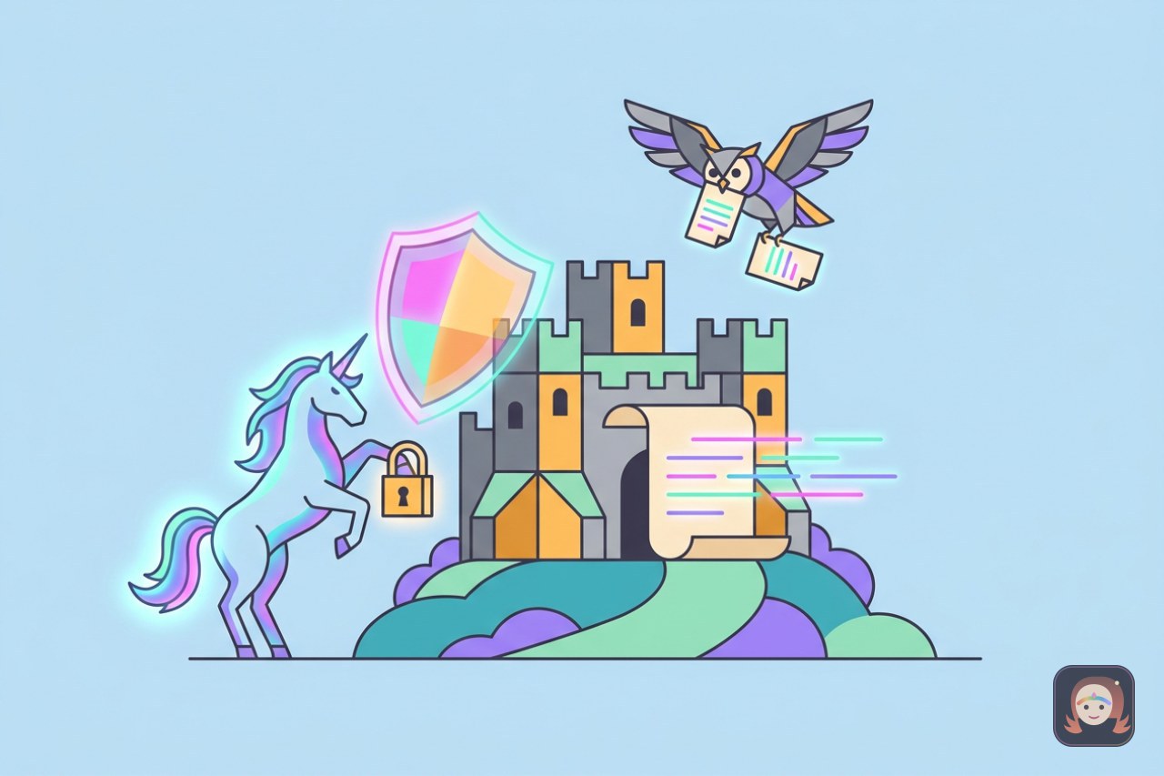 Um unicórnio de crina luminosa segurando um cadeado dourado que projeta um escudo sobre um castelo de documentação, enquanto uma coruja voa carregando dois pergaminhos de registro