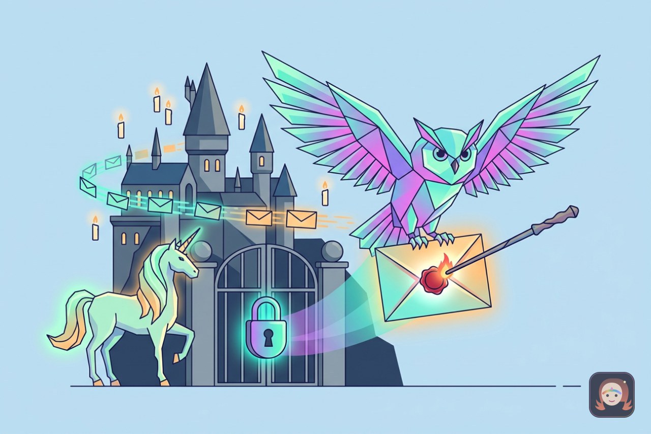 Ilustracao de uma coruja magica entregando um envelope com selo de cera aceso por uma varinha, ao lado de um unicornio guardando um portao de correio com cadeado de luz