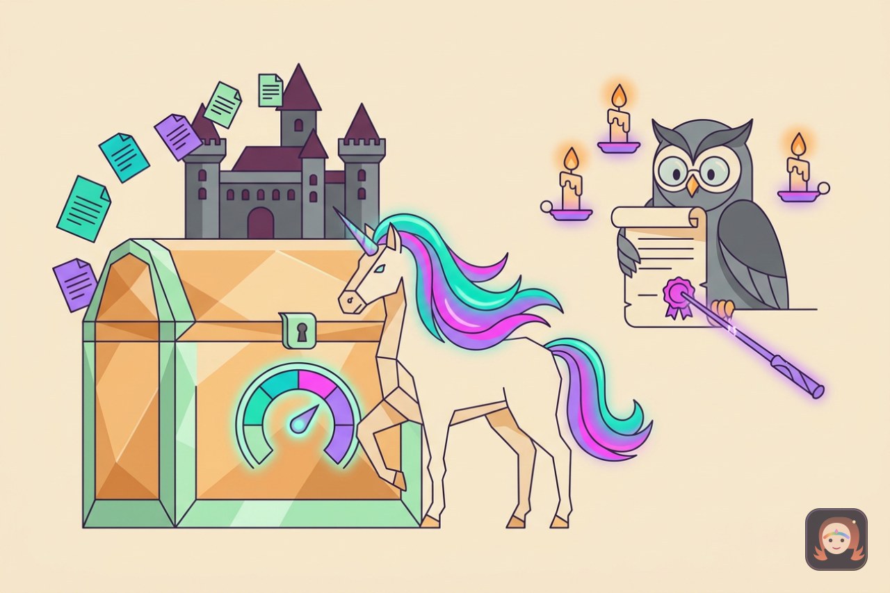 Ilustracao de um unicornio diante de um cofre de cristal com um medidor de pontuacao, ao lado de uma coruja segurando um pergaminho carimbado