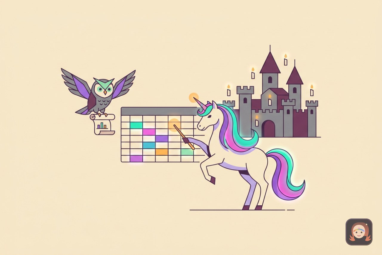 Um unicornio de crina colorida preenchendo com uma varinha as celulas de uma planilha flutuante, ao lado de uma coruja mensageira e de um castelo com velas