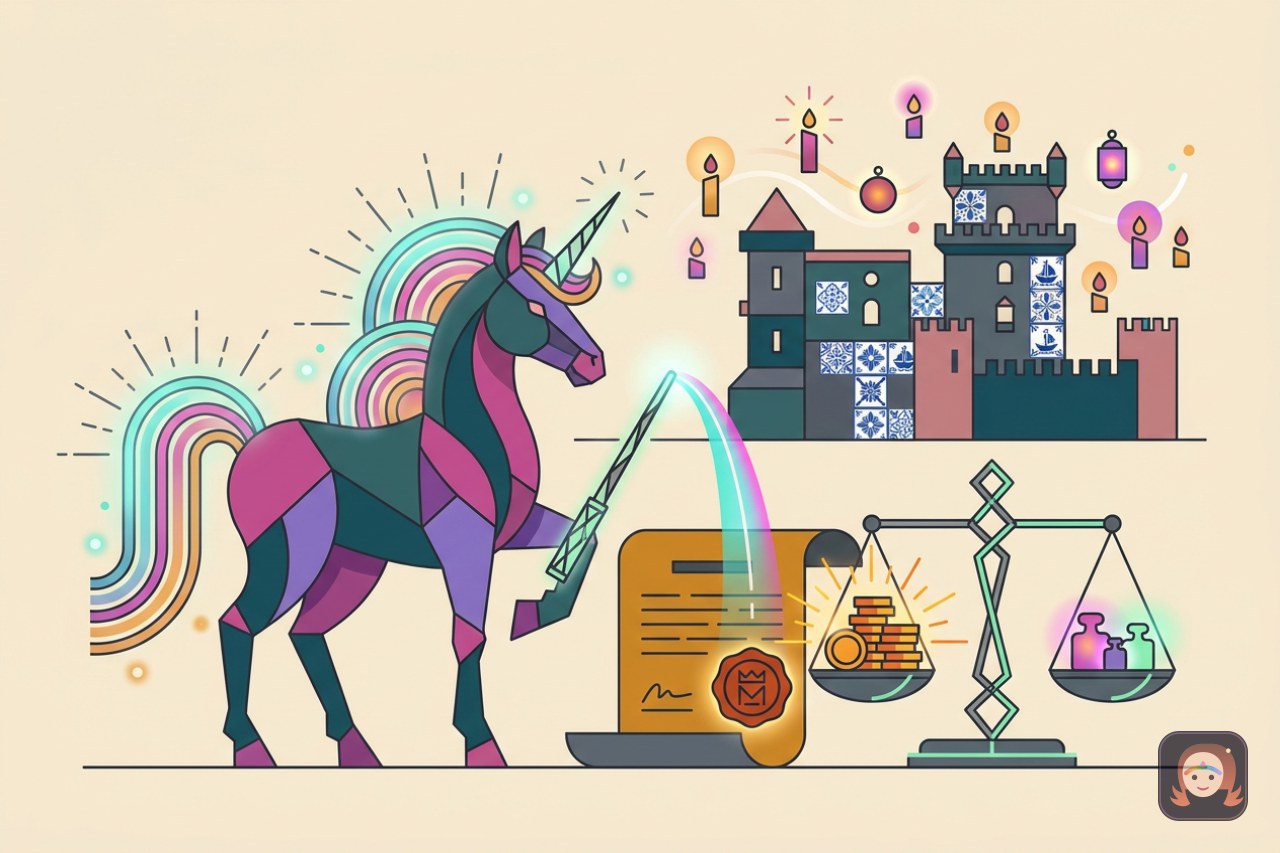 Ilustração de um unicórnio com varinha lançando um feixe sobre um pergaminho de fatura com selo, ao lado de uma balança pesando moedas e um castelo português com azulejos