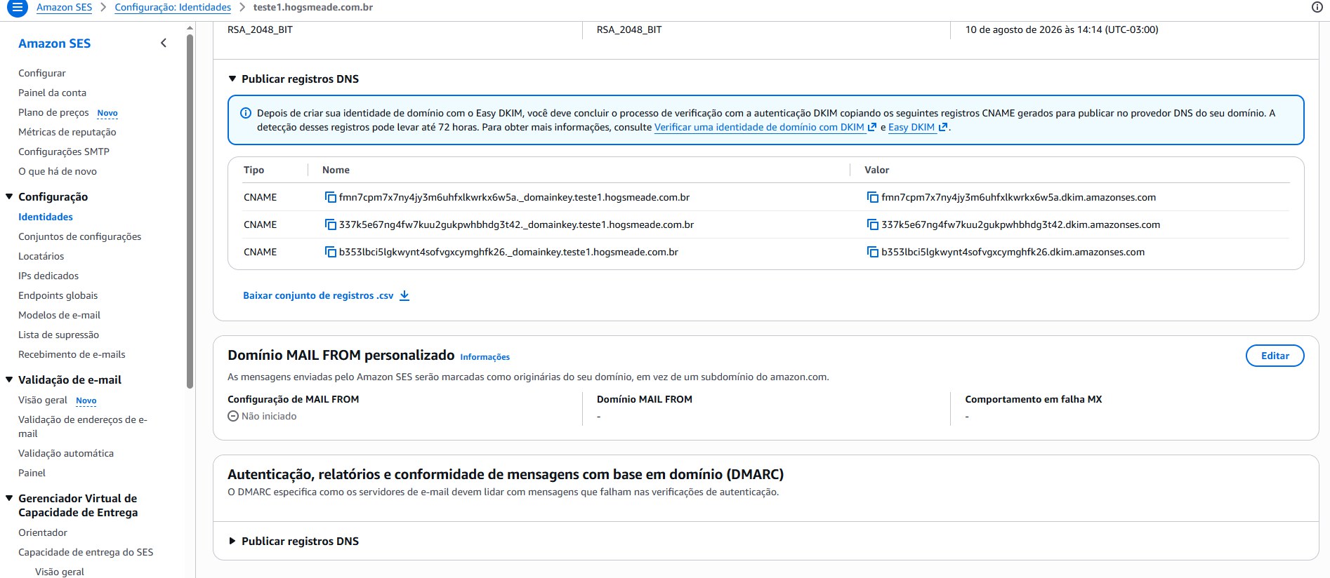 Painel do SES mostrando os tres registros CNAME do Easy DKIM gerados para o dominio, com os nomes terminados em _domainkey