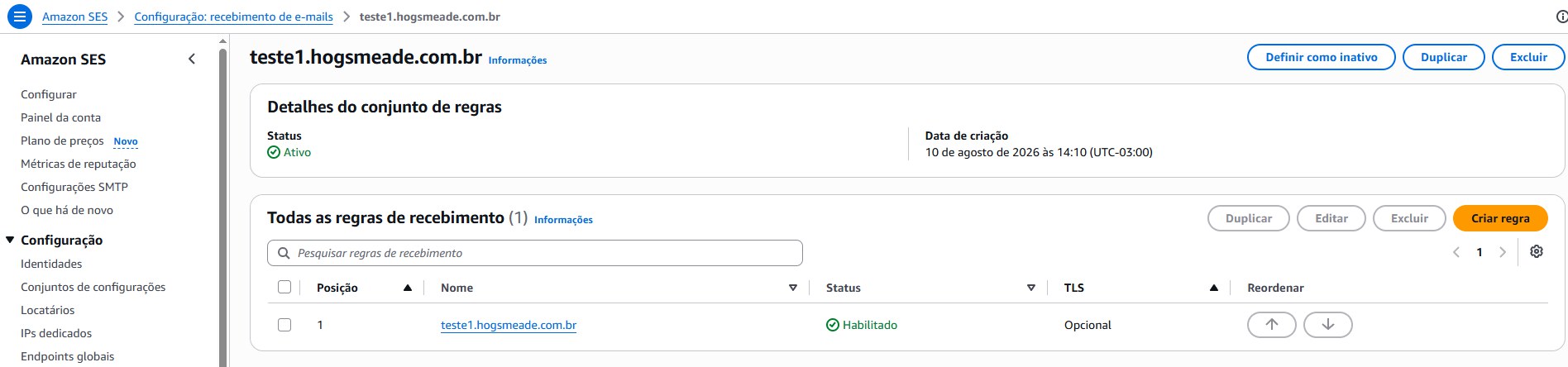 Painel do conjunto de regras de recebimento com o status Ativo e a regra habilitada na posicao 1