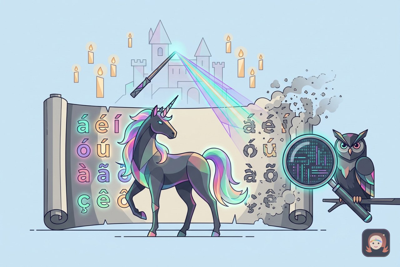 Ilustração de um unicórnio de crina arco-íris diante de um pergaminho de código onde as letras acentuadas brilham inteiras de um lado e se desfazem em fumaça do outro, com uma coruja segurando uma lente que revela o encoding
