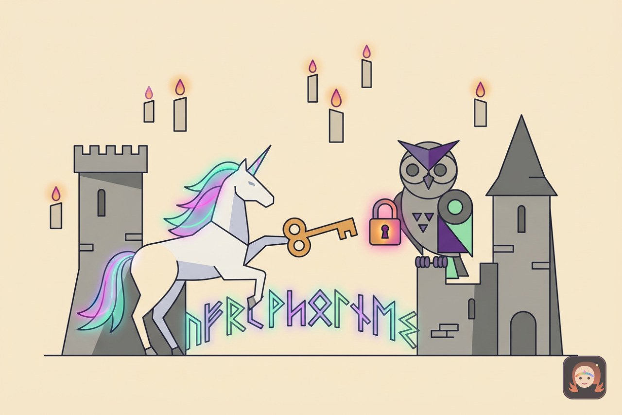 Ilustração de um unicórnio entregando uma chave dourada a uma coruja guardiã que segura um cadeado, com uma ponte de runas luminosas ligando duas torres de castelo