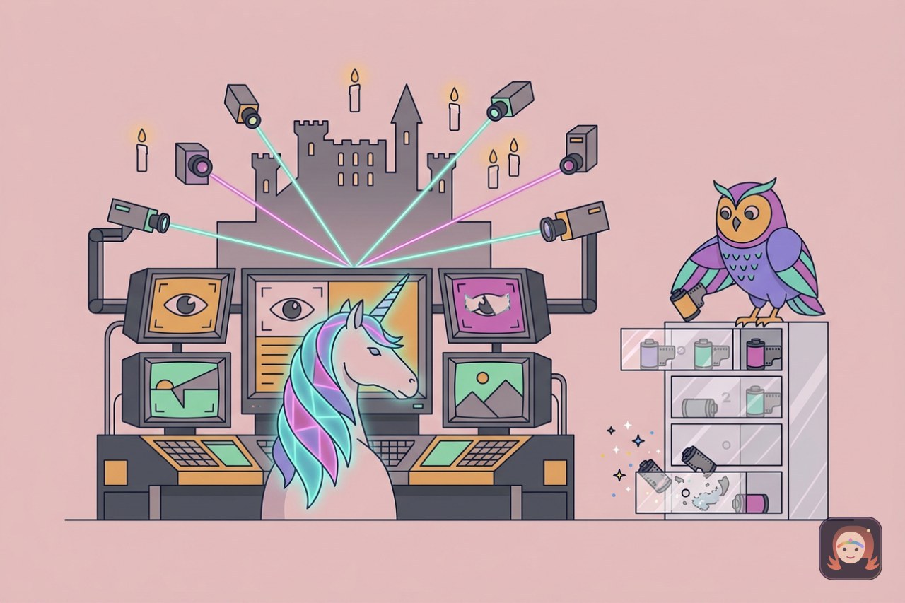 Um unicornio diante de um painel de monitoramento com varias telas de cameras, e uma coruja arquivando rolos de filme em gavetas de cristal enquanto os mais antigos viram poeira de estrelas