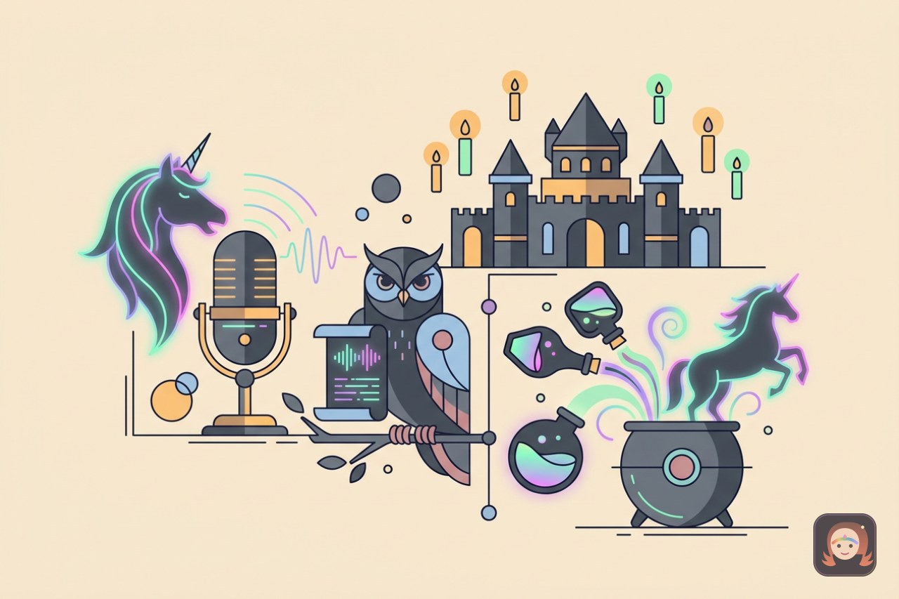 Ilustração colorida de um unicórnio de crina luminosa cantando em um microfone de estúdio, uma coruja segurando um pergaminho com ondas sonoras, e três frascos de poção sendo despejados num caldeirão do qual sai um segundo unicórnio idêntico feito de luz