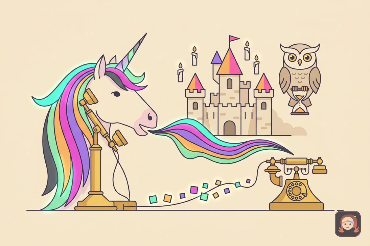Ilustração colorida de um unicórnio de crina arco-íris falando ao microfone de um telefone dourado antigo, com a voz saindo como uma fita de ondas que vira uma fileira de pacotes quadrados coloridos até um segundo telefone, ao lado de um castelo com velas flutuantes e uma coruja segurando uma ampulheta