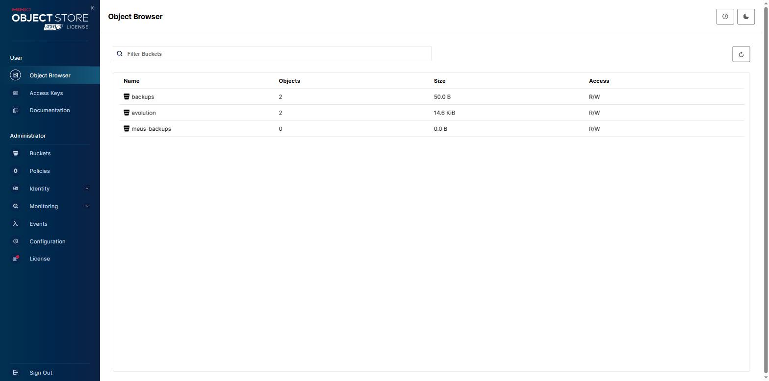 Object Browser do MinIO listando os buckets, entre eles o bucket evolution, com a coluna de objetos e de tamanho
