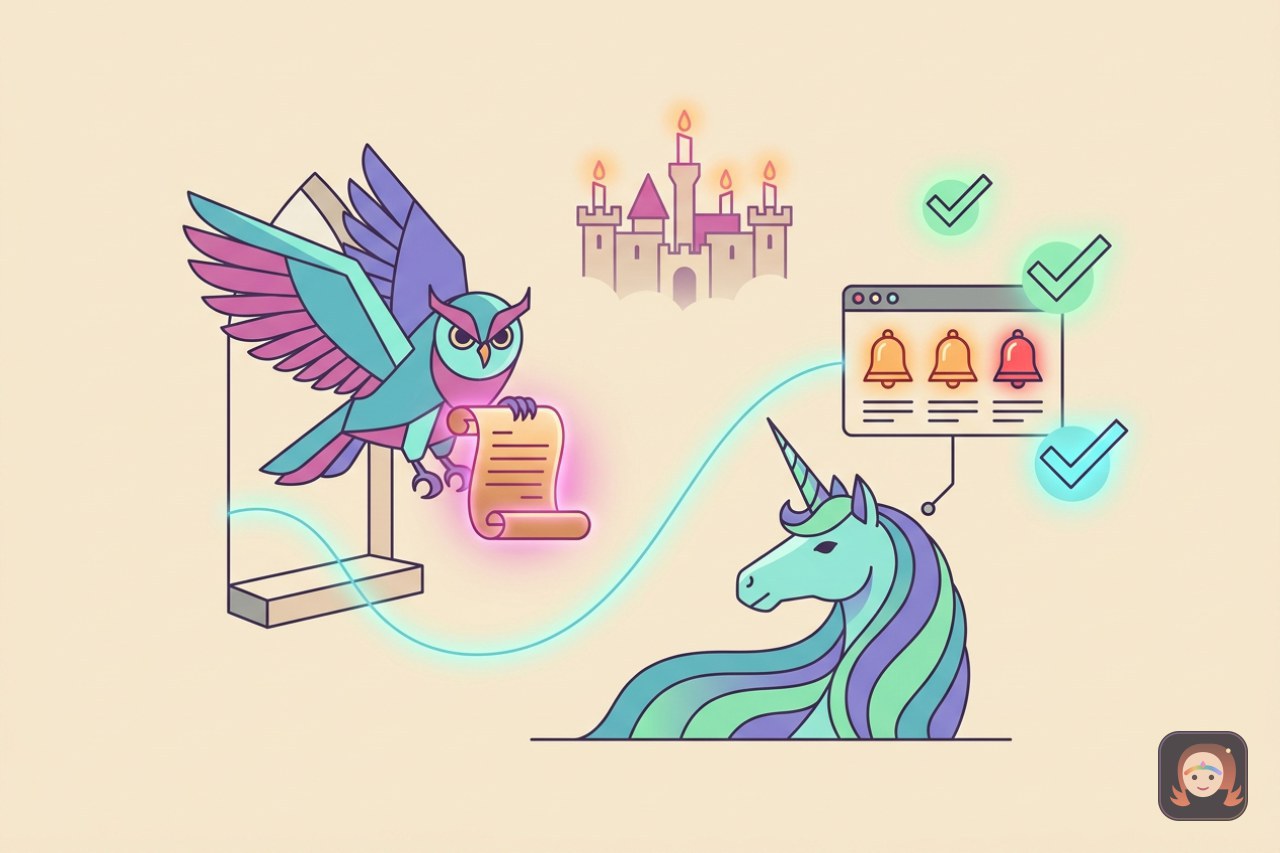 Ilustração colorida de uma coruja mensageira entregando um pergaminho brilhante a um unicórnio de crina luminosa, ao lado de um painel flutuante com três sinos de aviso acesos e marcas de visto de leitura no ar, com um castelo de velas flutuantes ao fundo