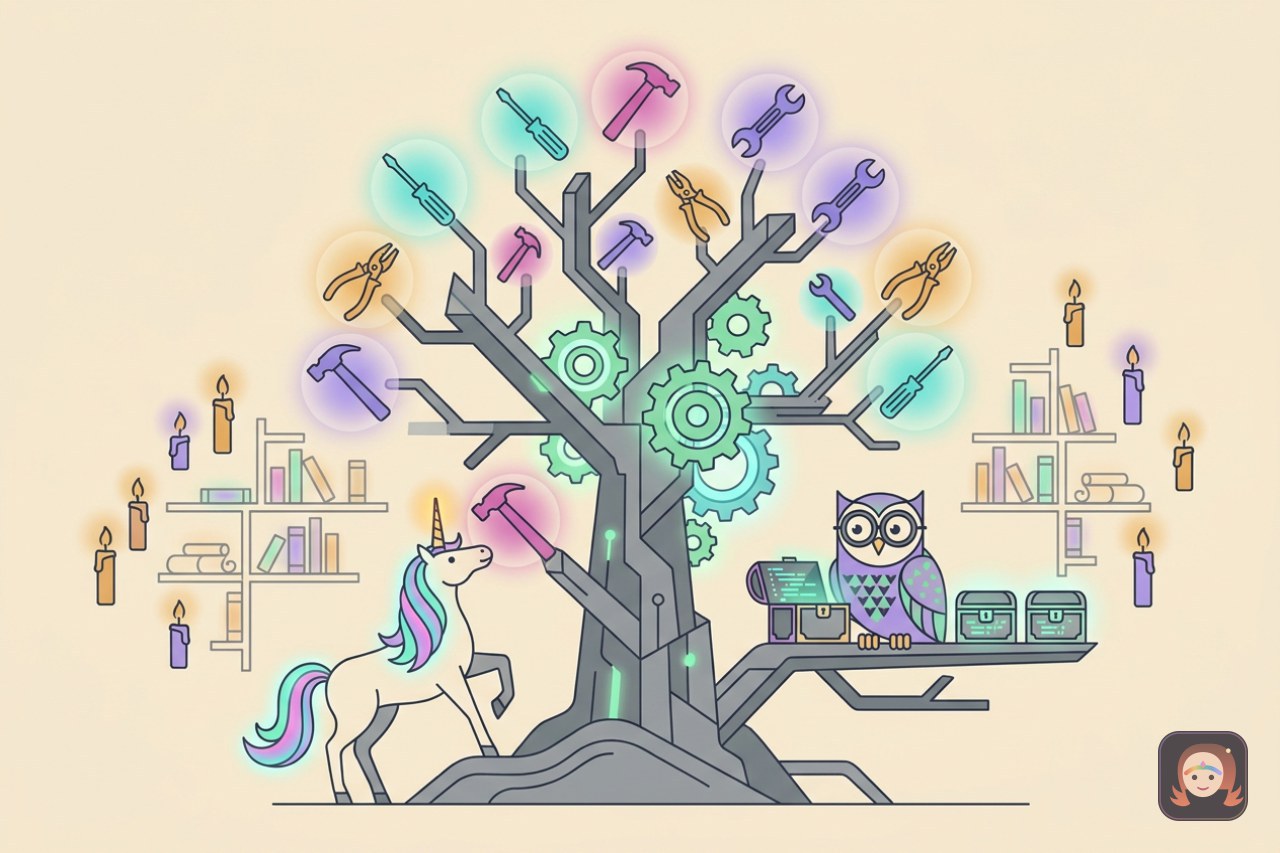 Uma arvore magica cujos galhos sao ferramentas luminosas, com um unicornio colhendo um martelo e uma coruja de oculos organizando bauzinhos cheios de codigo