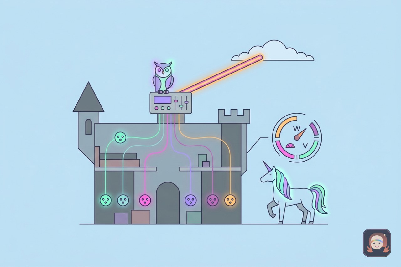 Ilustração de um castelo em corte com tomadas coloridas brilhando nas paredes, fios de luz subindo até um painel de controle com uma coruja, um feixe saindo em direção a uma nuvem e um unicórnio observando um mostrador de watts e volts