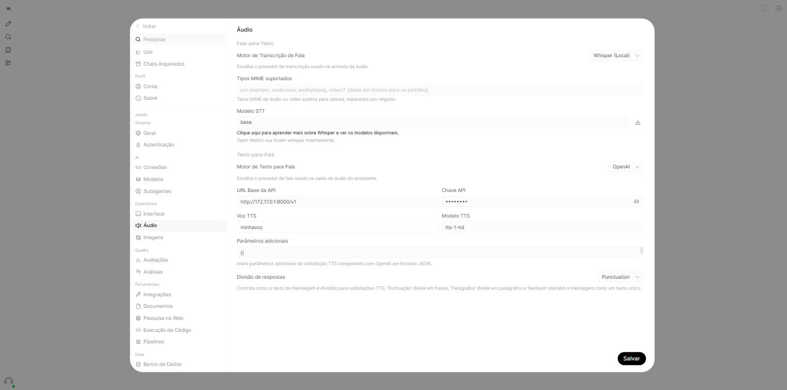 Painel de Áudio do Open WebUI com o Motor de Texto para Fala em OpenAI, a URL apontando para o endereço interno do Docker e a Voz TTS preenchida