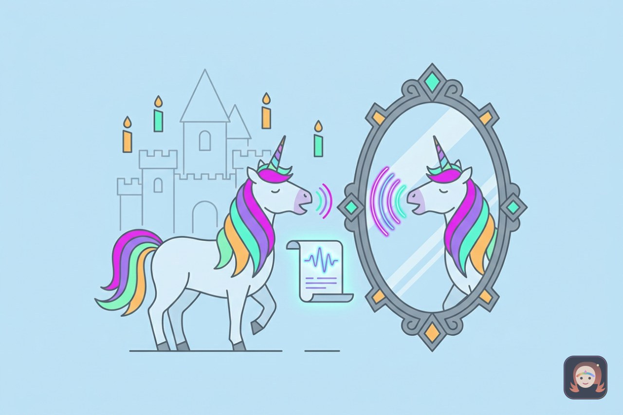 Ilustração colorida de um unicórnio de crina arco-íris cantando diante de um espelho mágico, com o reflexo repetindo a mesma canção em ondas sonoras luminosas e um pergaminho flutuante mostrando a forma de onda copiada
