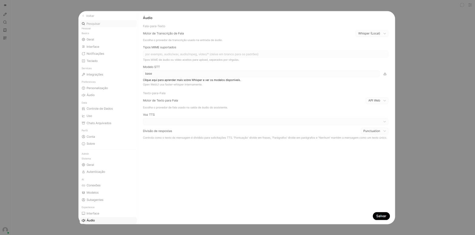 Painel de Áudio do Open WebUI mostrando o Motor de Transcrição de Fala definido como Whisper (Local) e o campo Modelo STT preenchido com base