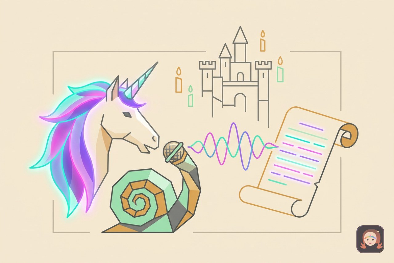 Ilustração colorida de um unicórnio de crina luminosa falando num microfone encantado, com ondas sonoras viajando até um pergaminho onde as palavras aparecem escritas sozinhas, e um castelo com velas flutuantes ao fundo