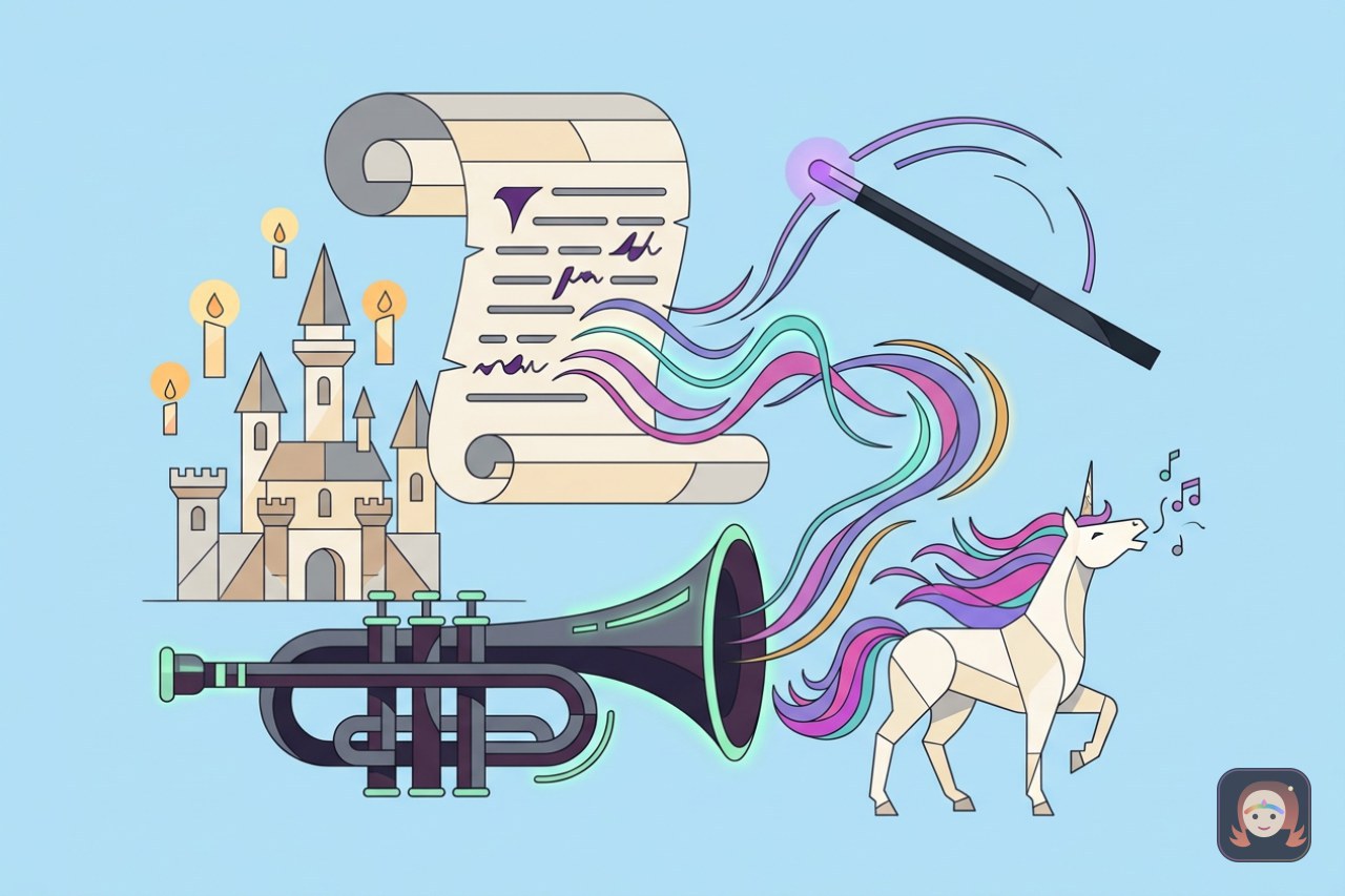 Ilustração colorida de um pergaminho mágico cujas letras viram ondas sonoras luminosas saindo de uma trombeta encantada, com um unicórnio de crina arco-íris cantando ao lado e um castelo de velas flutuantes ao fundo