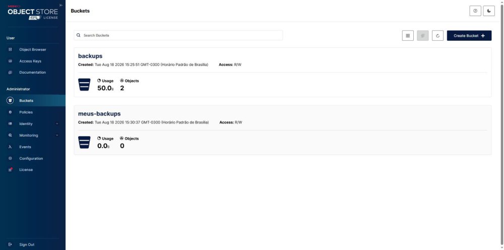 Tela de Buckets do MinIO listando dois buckets, backups e meus-backups, com data de criação e acesso R/W