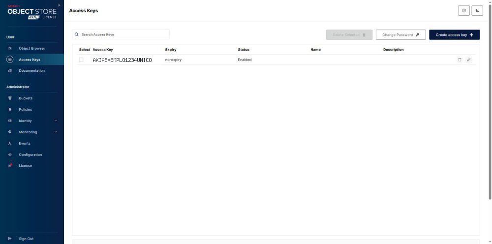 Tela Access Keys do MinIO listando uma chave de acesso criada, com validade no-expiry e status Enabled