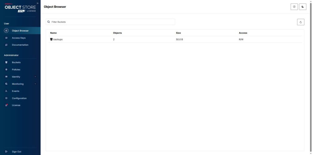 Painel do MinIO logado, mostrando o Object Browser com o bucket backups na lista, com 2 objetos e 50 bytes