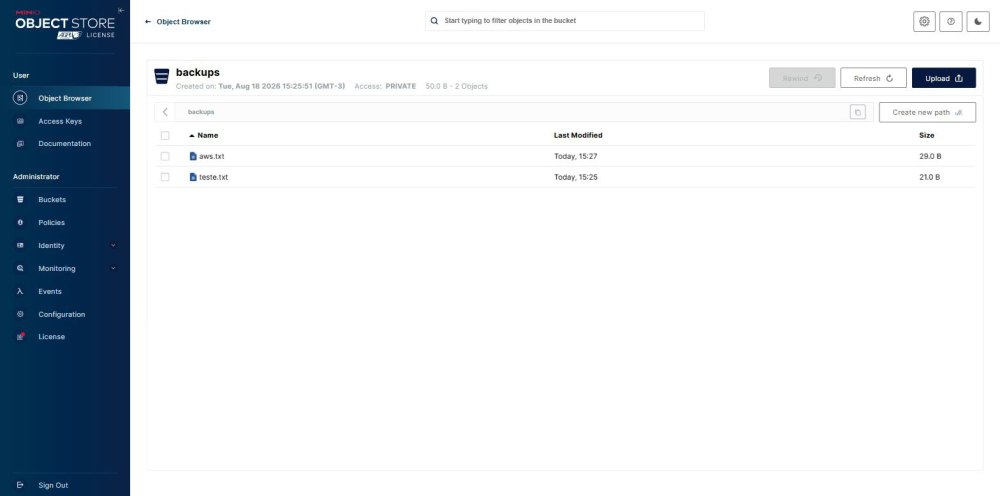 Object Browser do MinIO mostrando o conteúdo do bucket backups, com os arquivos aws.txt e teste.txt, e o acesso marcado como PRIVATE