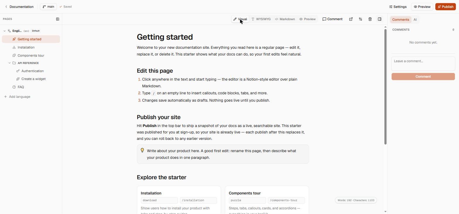 O editor visual do Nibleaf com a árvore de páginas à esquerda, o texto formatado no centro e o painel de comentários à direita