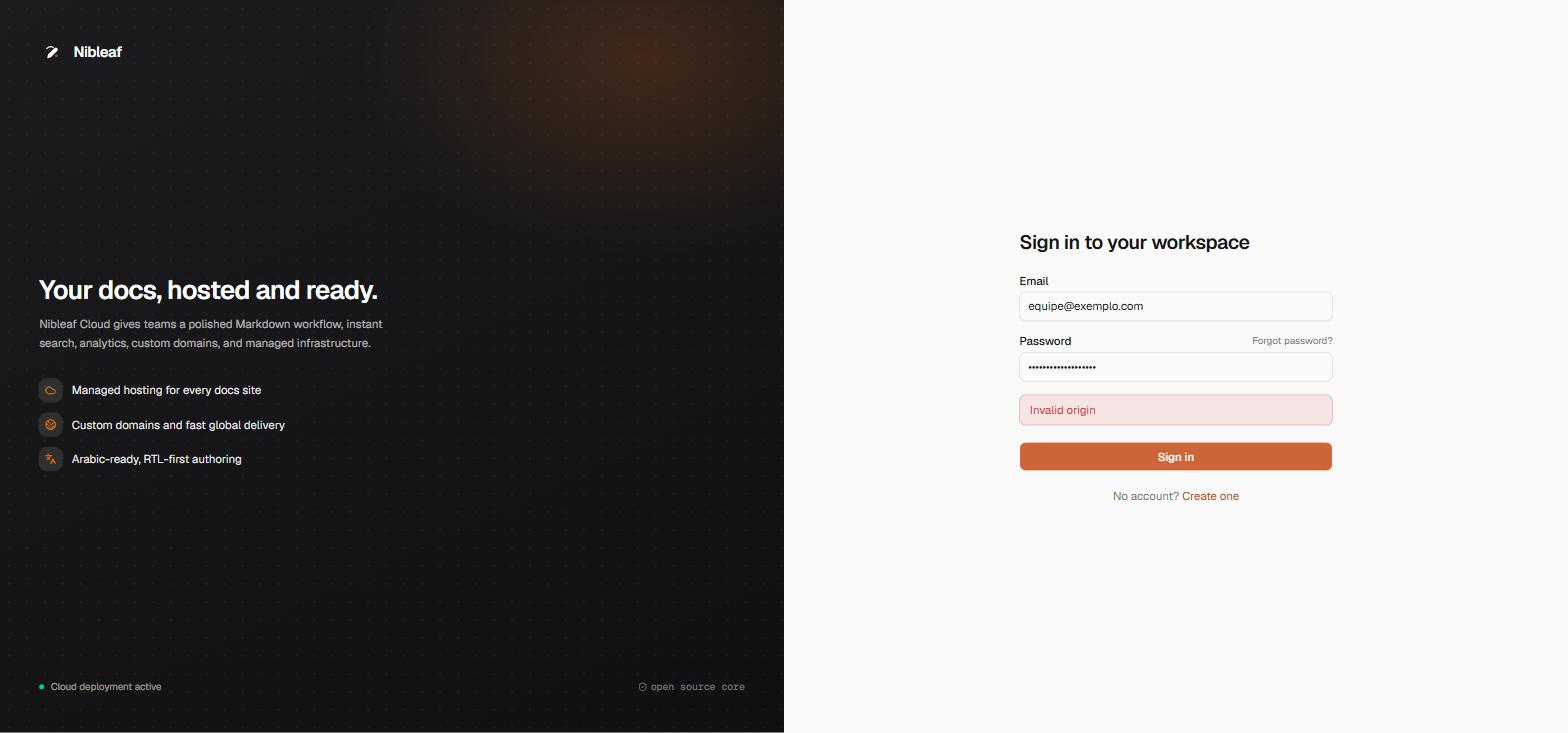 A tela de login do Nibleaf mostrando uma tarja rosa com a mensagem Invalid origin acima do botão