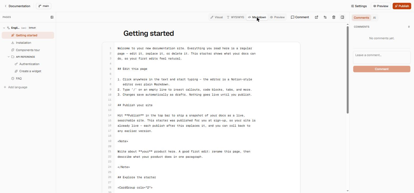 A mesma página aberta na aba Markdown, mostrando o texto em Markdown puro com numeração de linhas