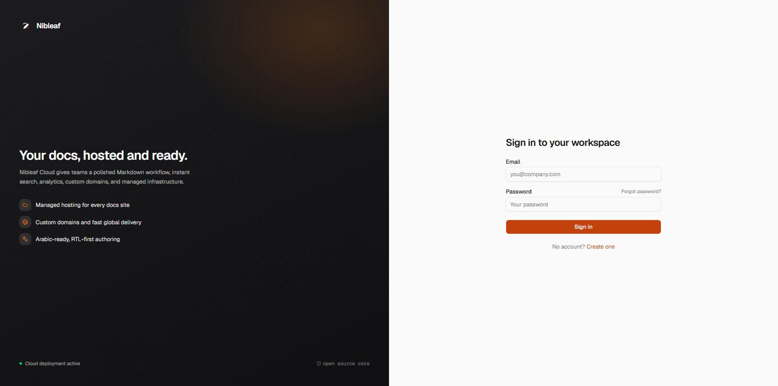 O endereço raiz da instalação abrindo direto na tela de login do Nibleaf, sem a página de vendas