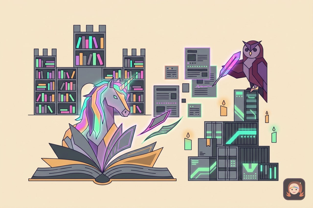 Um unicórnio de crina luminosa folheando um livro mágico de documentação ao lado de contêineres empilhados e uma coruja escriba