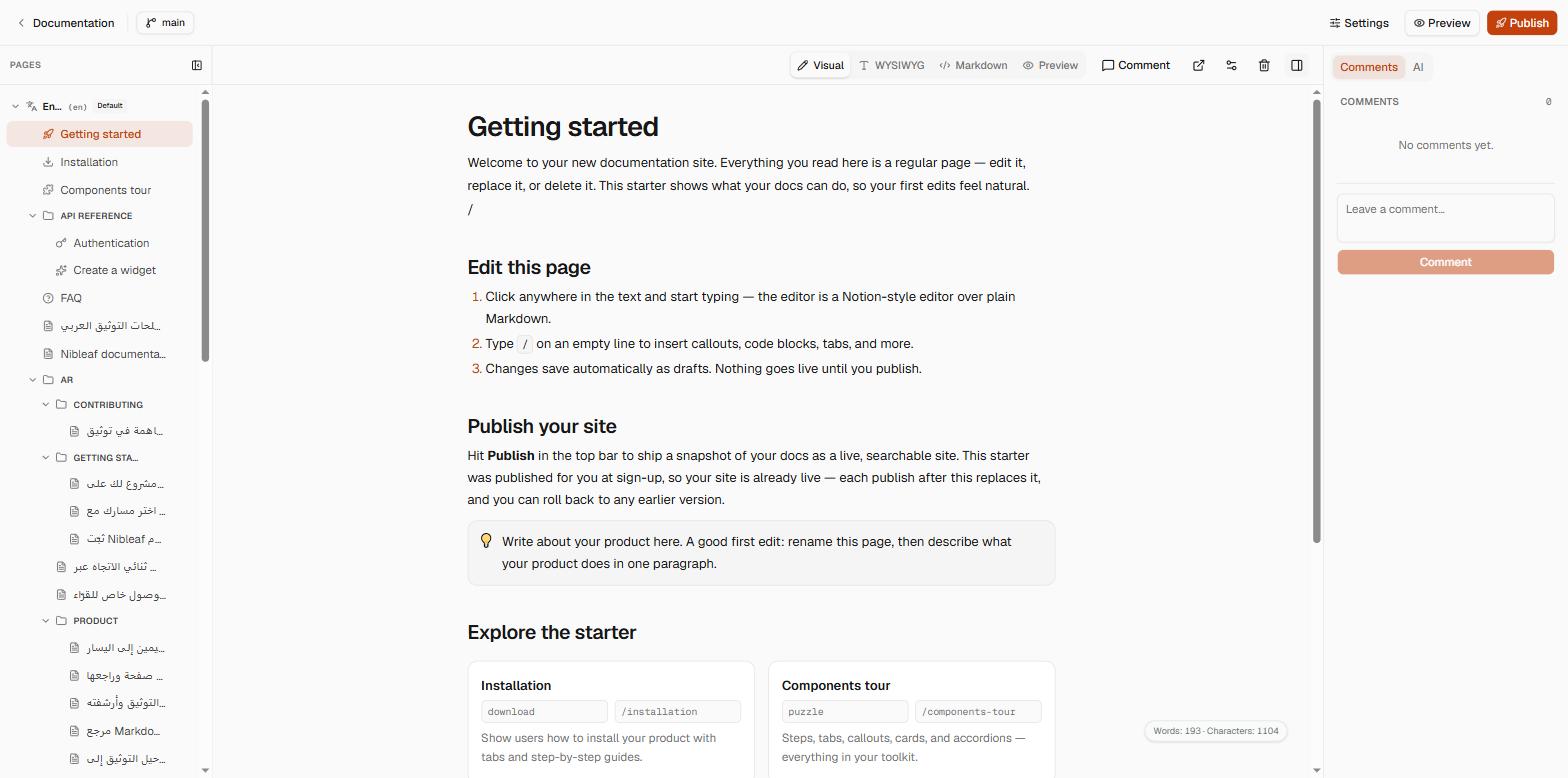 O editor do Nibleaf com a árvore de páginas importadas à esquerda, mostrando as pastas API Reference, Contributing, Getting Started e Product vindas do repositório