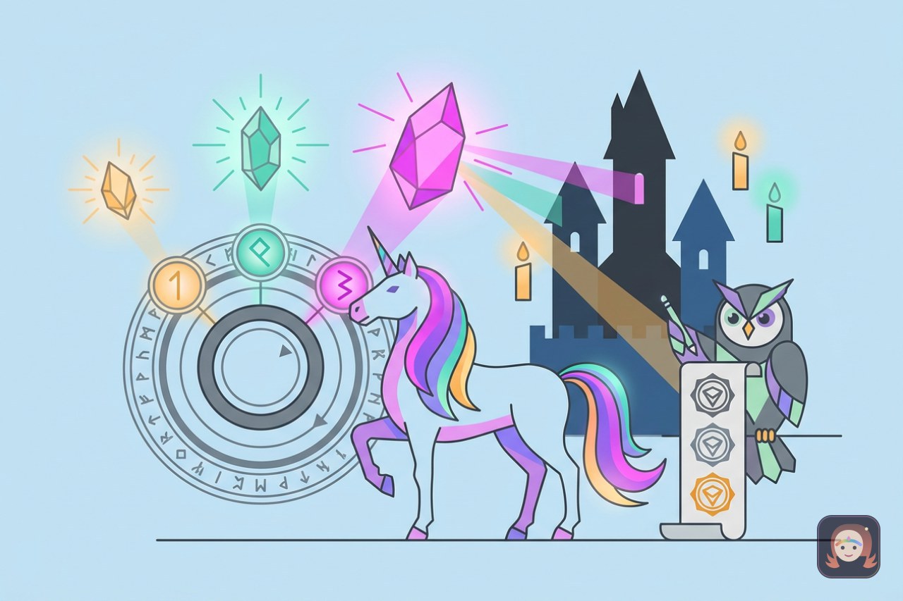 Ilustração colorida de um unicórnio de crina arco-íris girando um grande seletor mágico de três posições, cada uma ligada a um cristal de energia com brilho diferente, ao lado de uma coruja escriba conferindo três selos e um castelo com velas flutuantes ao fundo