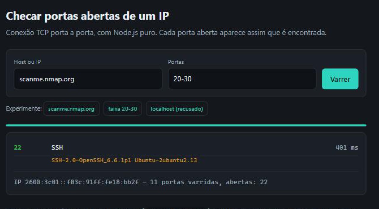 Página escura mostrando a porta 22 aberta com o banner do OpenSSH em amarelo, o IP IPv6 resolvido e o total de 11 portas varridas
