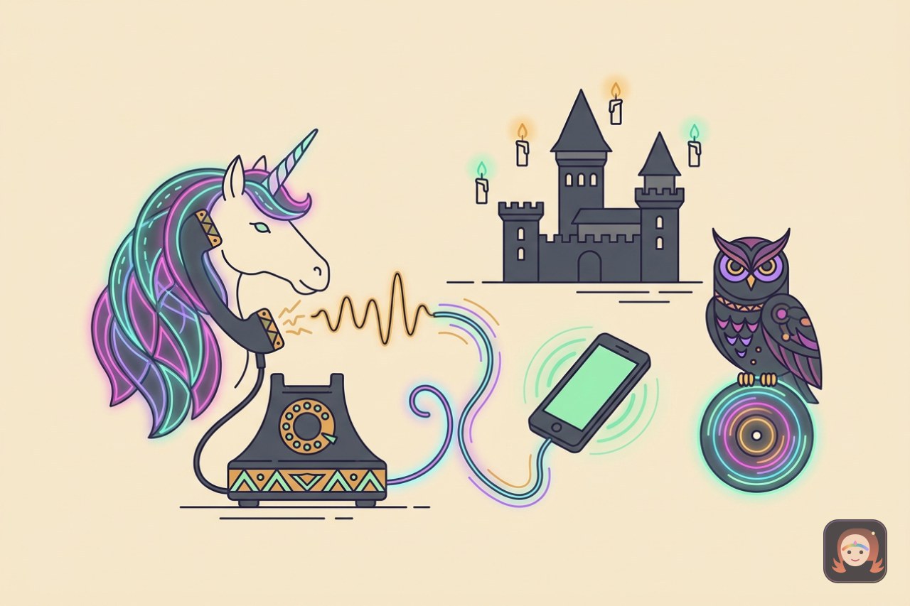 Ilustração colorida de um unicórnio de crina luminosa falando dentro de um telefone antigo, com ondas sonoras douradas viajando por um fio de luz até um celular, uma coruja mágica carregando um disco brilhante e um castelo ao fundo