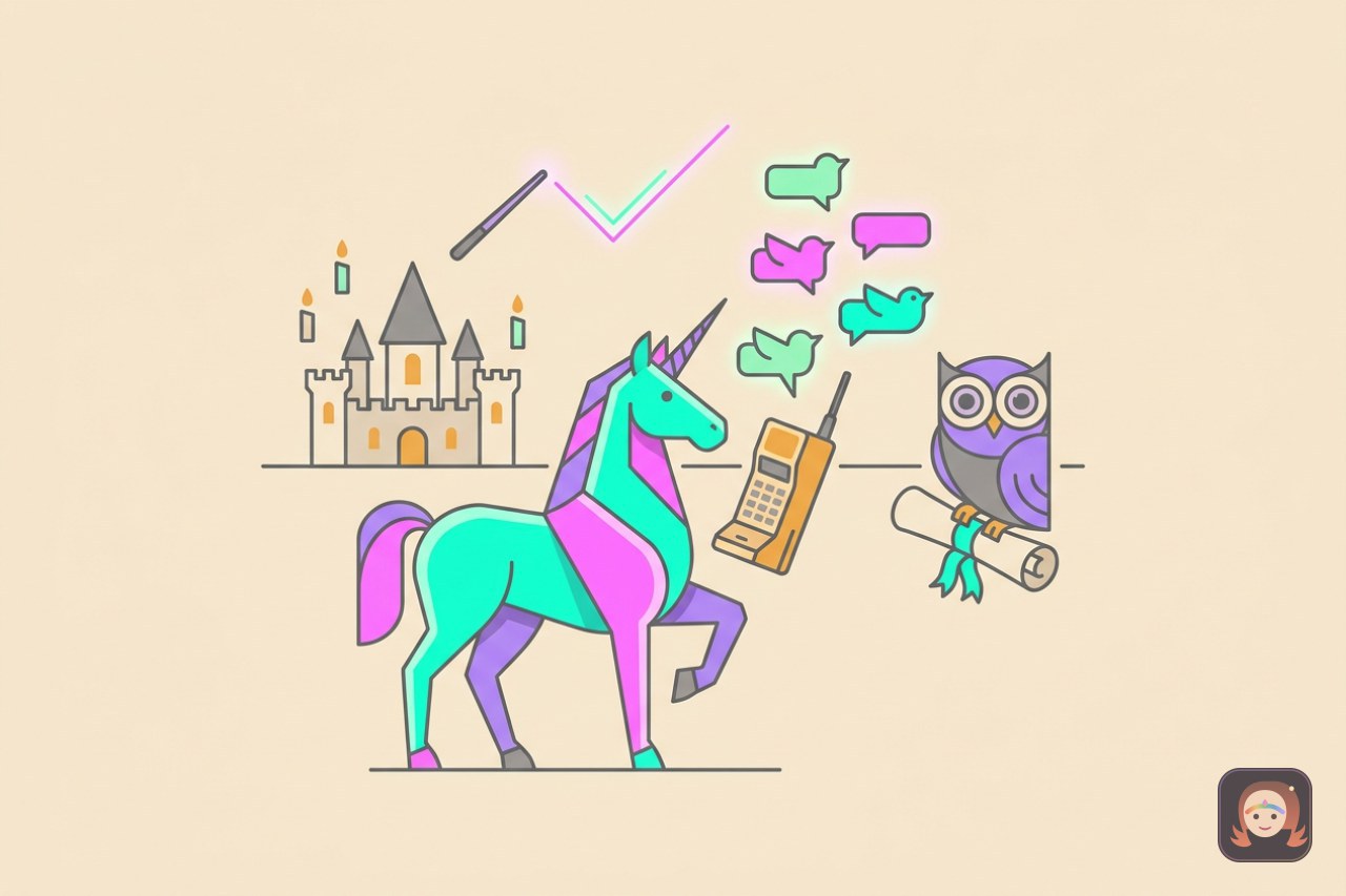 Um unicornio segurando um celular do qual saem baloes de mensagem voando como passaros, ao lado de uma coruja que traz um pergaminho de resposta