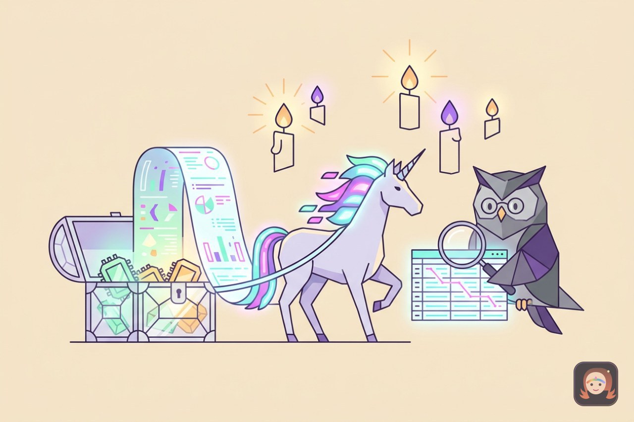 Ilustração colorida de um unicórnio de crina luminosa puxando um pergaminho infinito de dados de dentro de um baú de cristal, ao lado de uma coruja bibliotecária com lupa sobre uma planilha de linhas de luz, sob velas flutuantes