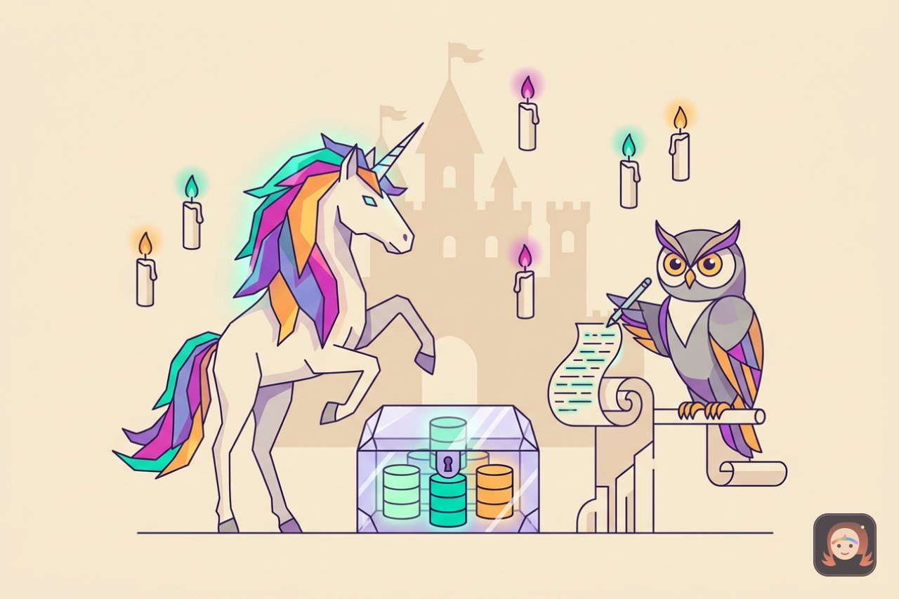 Ilustracao: um unicornio guarda um bau de cristal com cilindros de dados enquanto uma coruja escriba copia o conteudo para um pergaminho, diante de um castelo com velas flutuantes