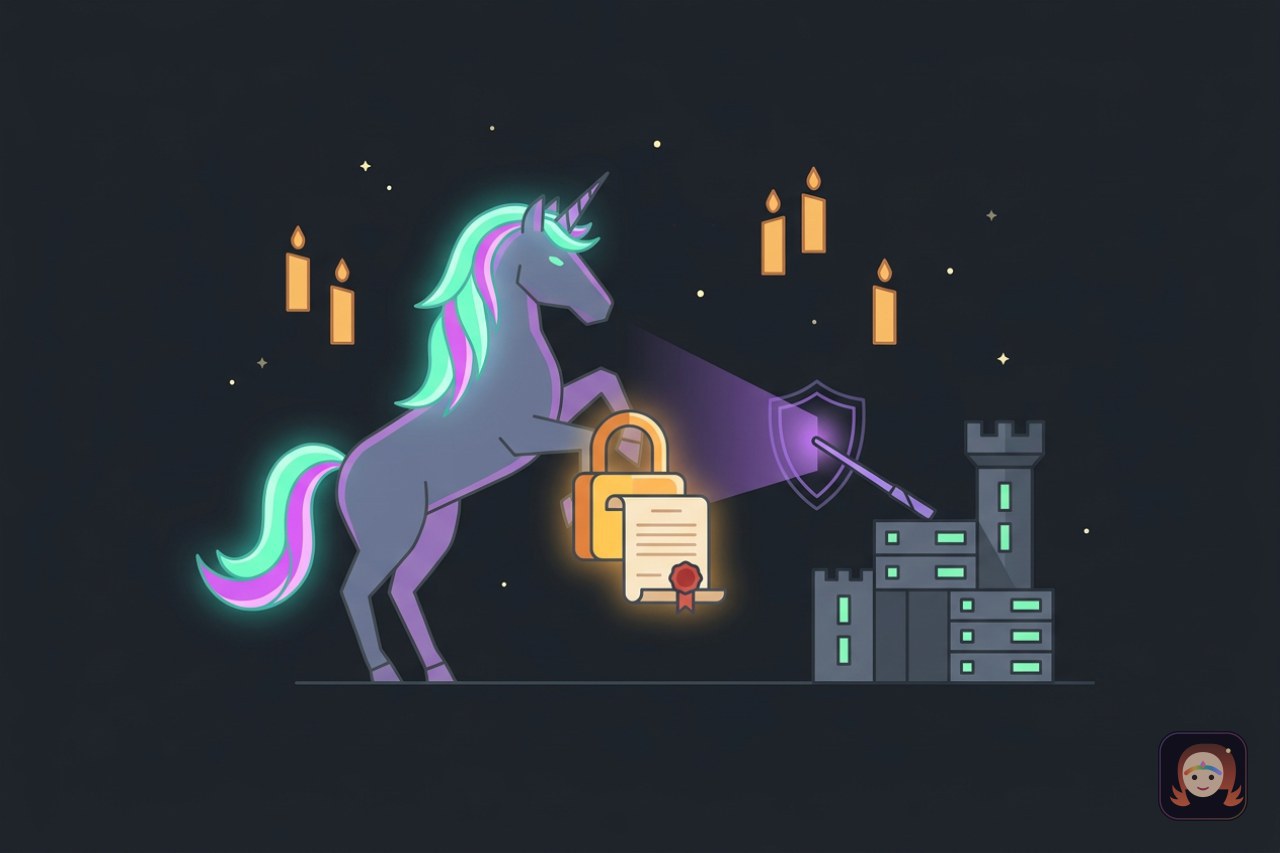 Ilustração de um unicórnio de crina luminosa ao lado de um cadeado dourado fechando sobre um certificado com selo, e um castelo-servidor iluminado por uma varinha