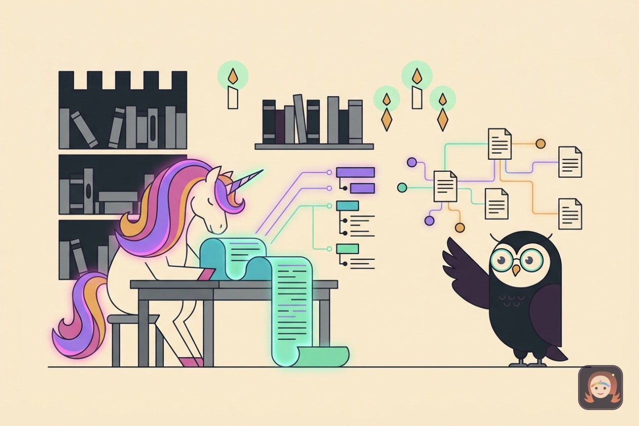 Ilustração de um unicórnio de crina colorida lendo um pergaminho luminoso que se transforma em uma lista de itens, ao lado de uma coruja de óculos apontando para uma teia de páginas ligadas por fios brilhantes