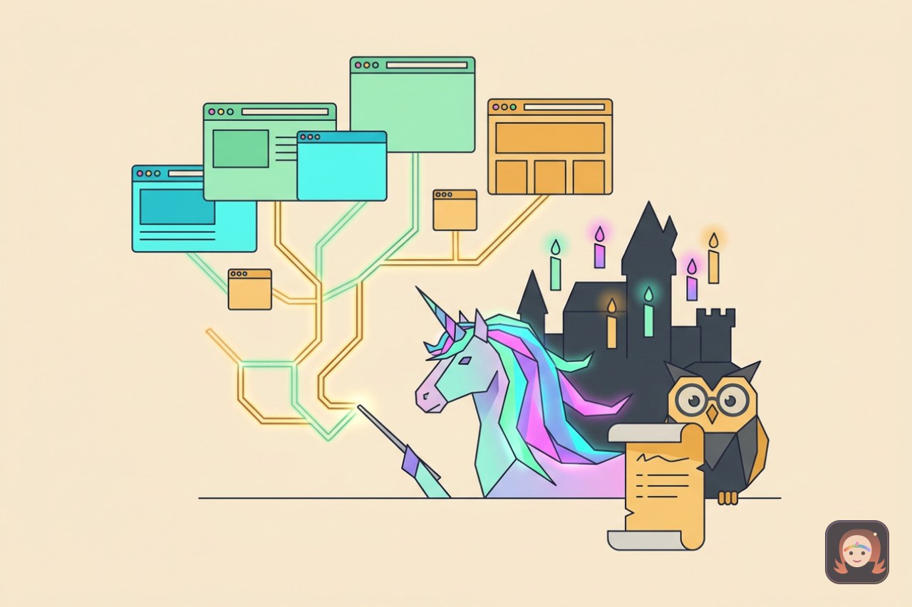 Ilustração de um unicórnio de crina colorida traçando com uma varinha linhas de luz que ligam janelinhas de páginas web em uma árvore ramificada, ao lado de uma coruja de óculos segurando um pergaminho com uma lista de endereços