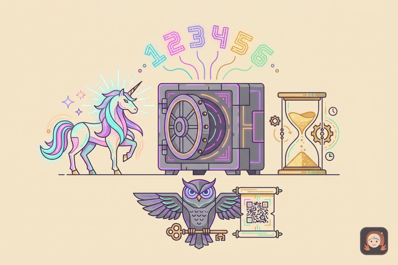 Ilustração colorida de um cofre mágico com porta circular do qual saem seis dígitos brilhantes, ao lado um unicórnio de crina luminosa, uma ampulheta dourada e uma coruja segurando uma chave e um pergaminho com QR code