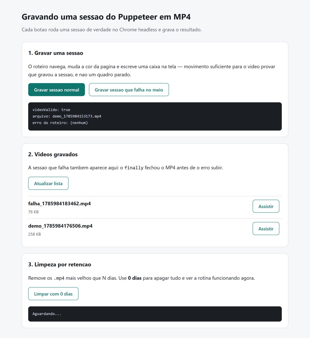 Página do exemplo com botões para gravar uma sessão normal ou uma que falha, a lista dos vídeos gravados e o botão de limpeza por retenção