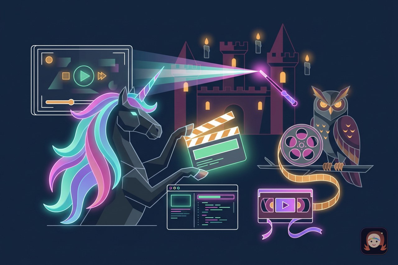Um unicórnio de crina luminosa segurando uma claquete de cinema diante de uma janela de navegador, com uma coruja segurando um rolo de filme e um castelo mágico ao fundo